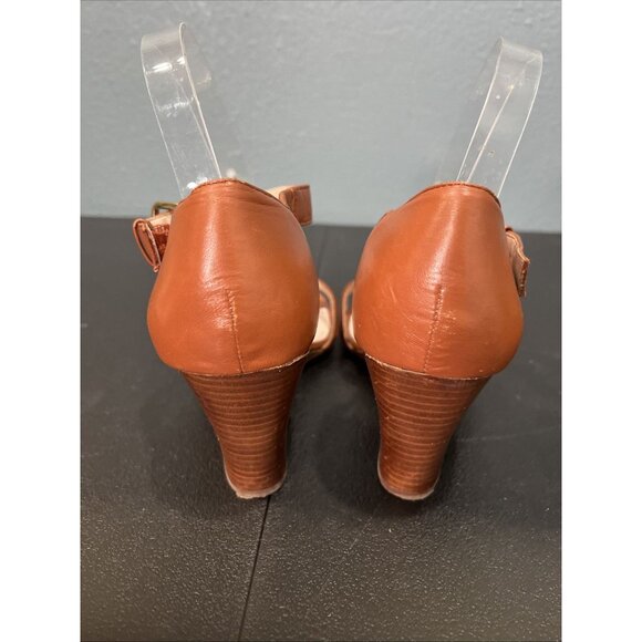 Vince Camuto Wedge Sandals Womens 8.5 Tan Leather Ankle Cross Strap 70s Resort - Picture 4 of 7